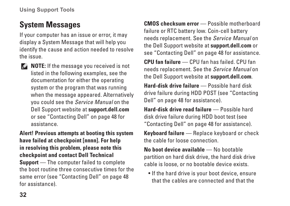 System messages | Dell Inspiron 537s (Mid 2009) User Manual | Page 34 / 66