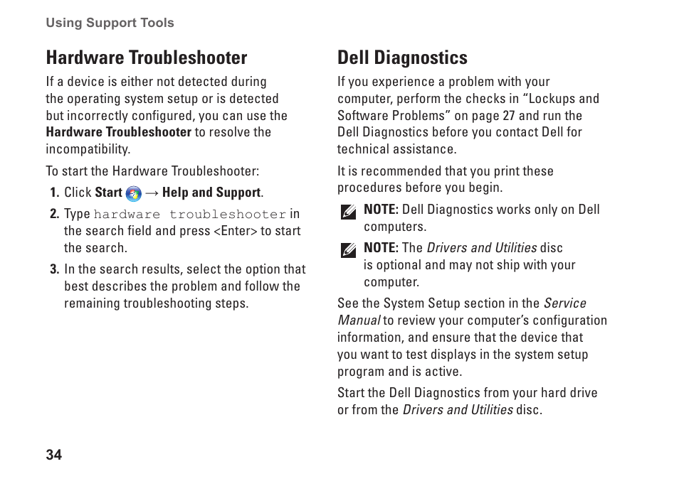 Hardware troubleshooter, Dell diagnostics, Hardware troubleshooter dell diagnostics | Dell Inspiron 537s (Mid 2009) User Manual | Page 36 / 66