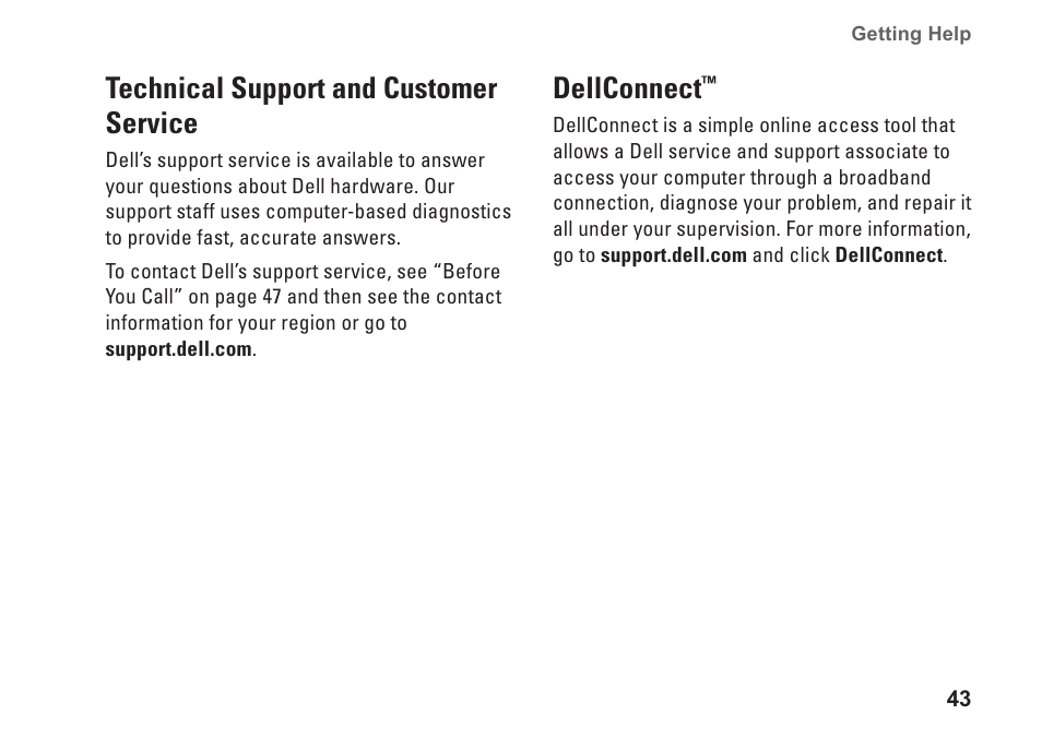 Technical support and customer service, Dellconnect, Technical support and customer | Service dellconnect | Dell Inspiron 537s (Mid 2009) User Manual | Page 45 / 66