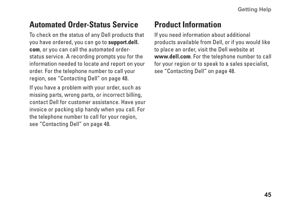 Automated order-status service, Product information, Automated order-status service product information | Dell Inspiron 537s (Mid 2009) User Manual | Page 47 / 66