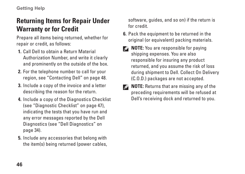 Returning items for repair under, Warranty or for credit | Dell Inspiron 537s (Mid 2009) User Manual | Page 48 / 66