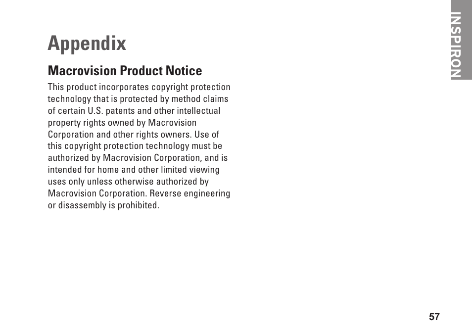 Appendix, Macrovision product notice, Inspiron | Dell Inspiron 537s (Mid 2009) User Manual | Page 59 / 66