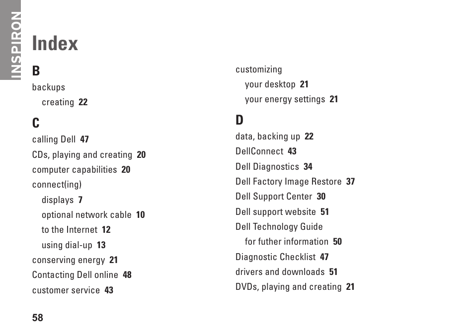 Index, Inspiron | Dell Inspiron 537s (Mid 2009) User Manual | Page 60 / 66