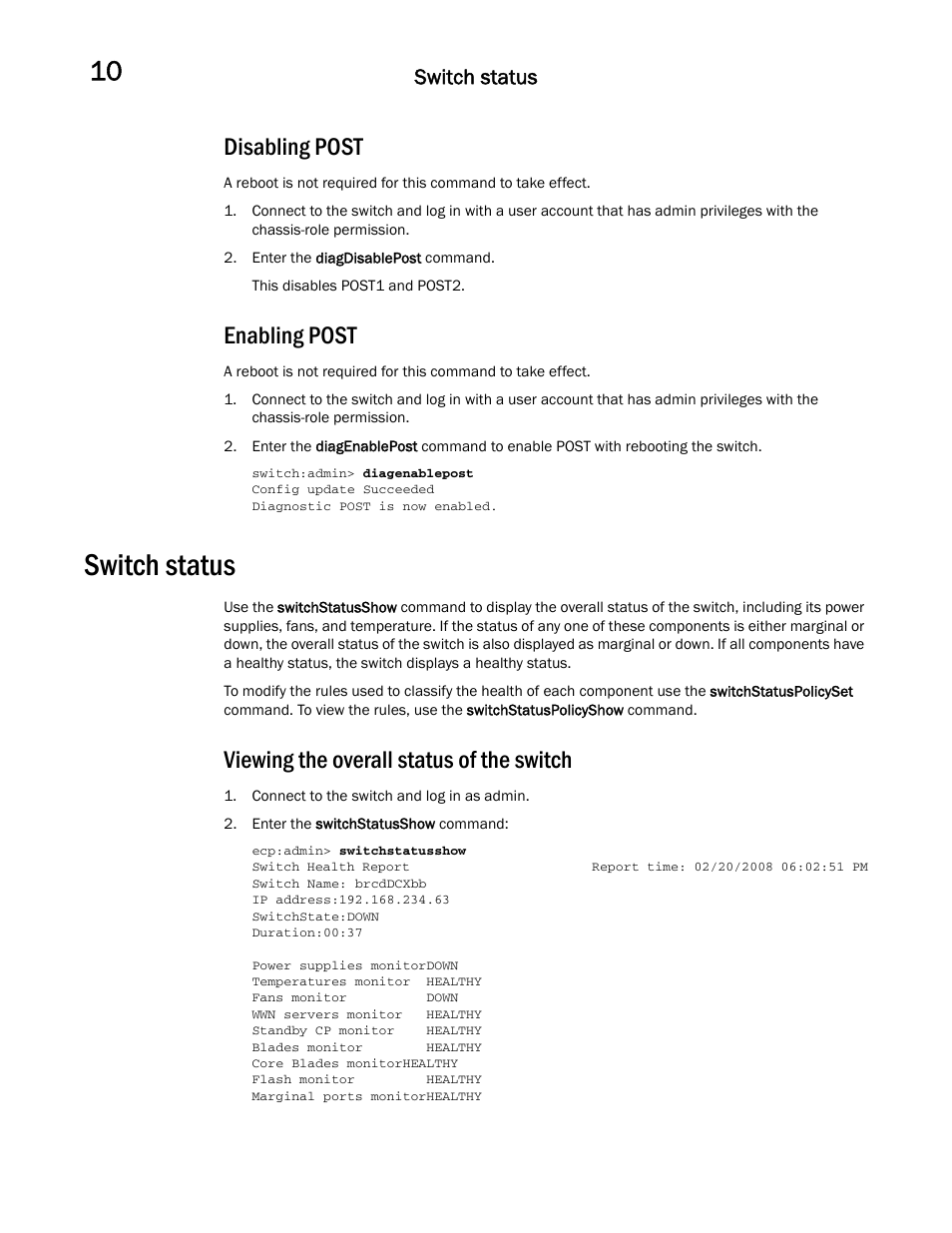 Disabling post, Enabling post, Switch status | Viewing the overall status of the switch | Dell POWEREDGE M1000E User Manual | Page 100 / 146