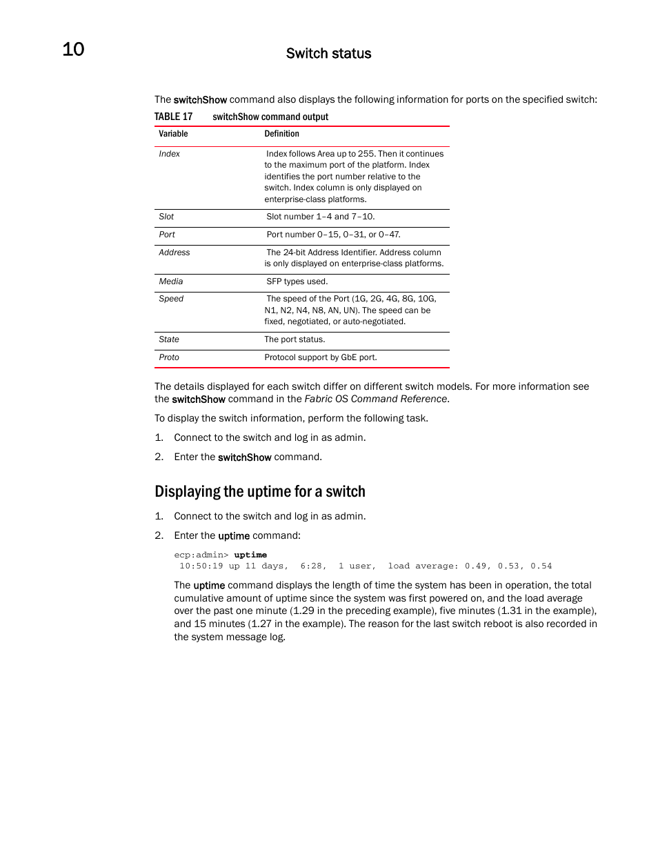 Displaying the uptime for a switch, Switch status | Dell POWEREDGE M1000E User Manual | Page 102 / 146