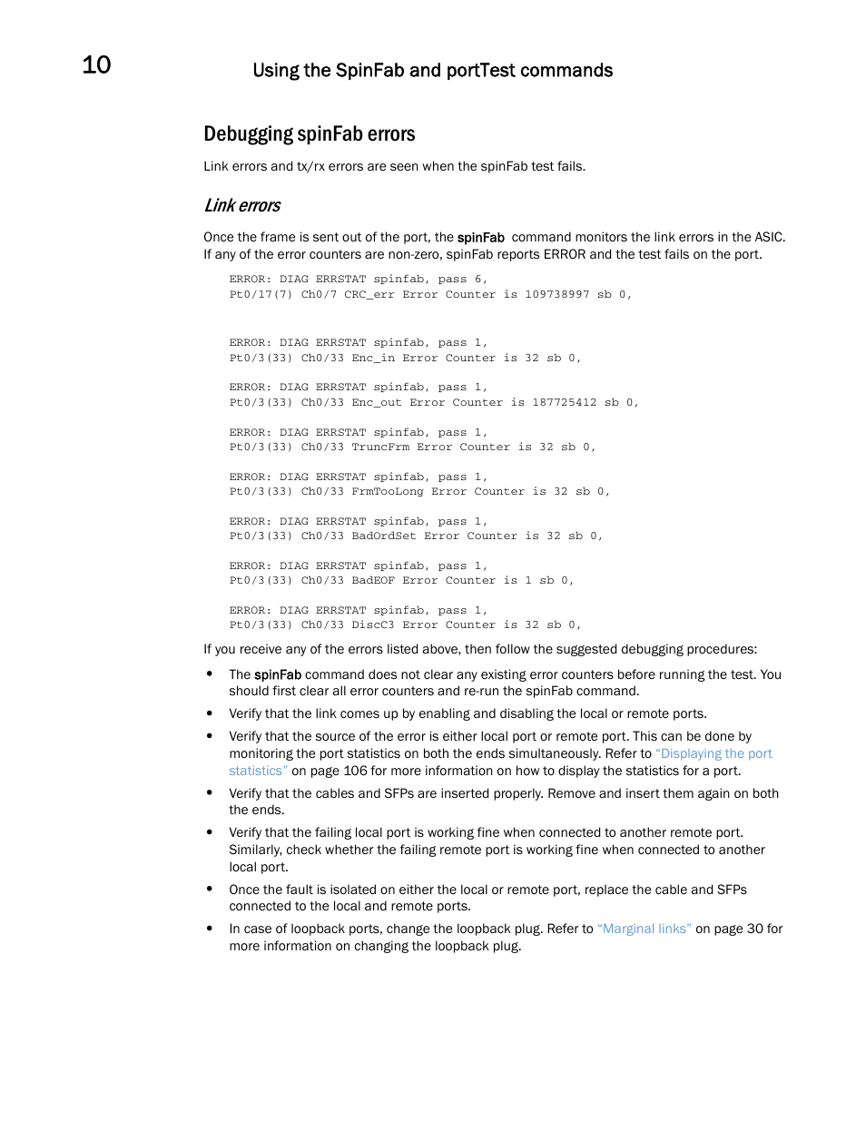 Debugging spinfab errors, Link errors, Using the spinfab and porttest commands | Dell POWEREDGE M1000E User Manual | Page 104 / 146