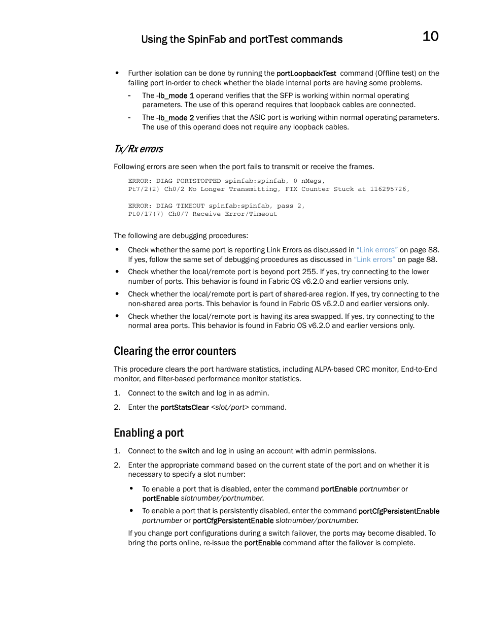 Clearing the error counters, Enabling a port, Tx/rx errors | Using the spinfab and porttest commands | Dell POWEREDGE M1000E User Manual | Page 105 / 146