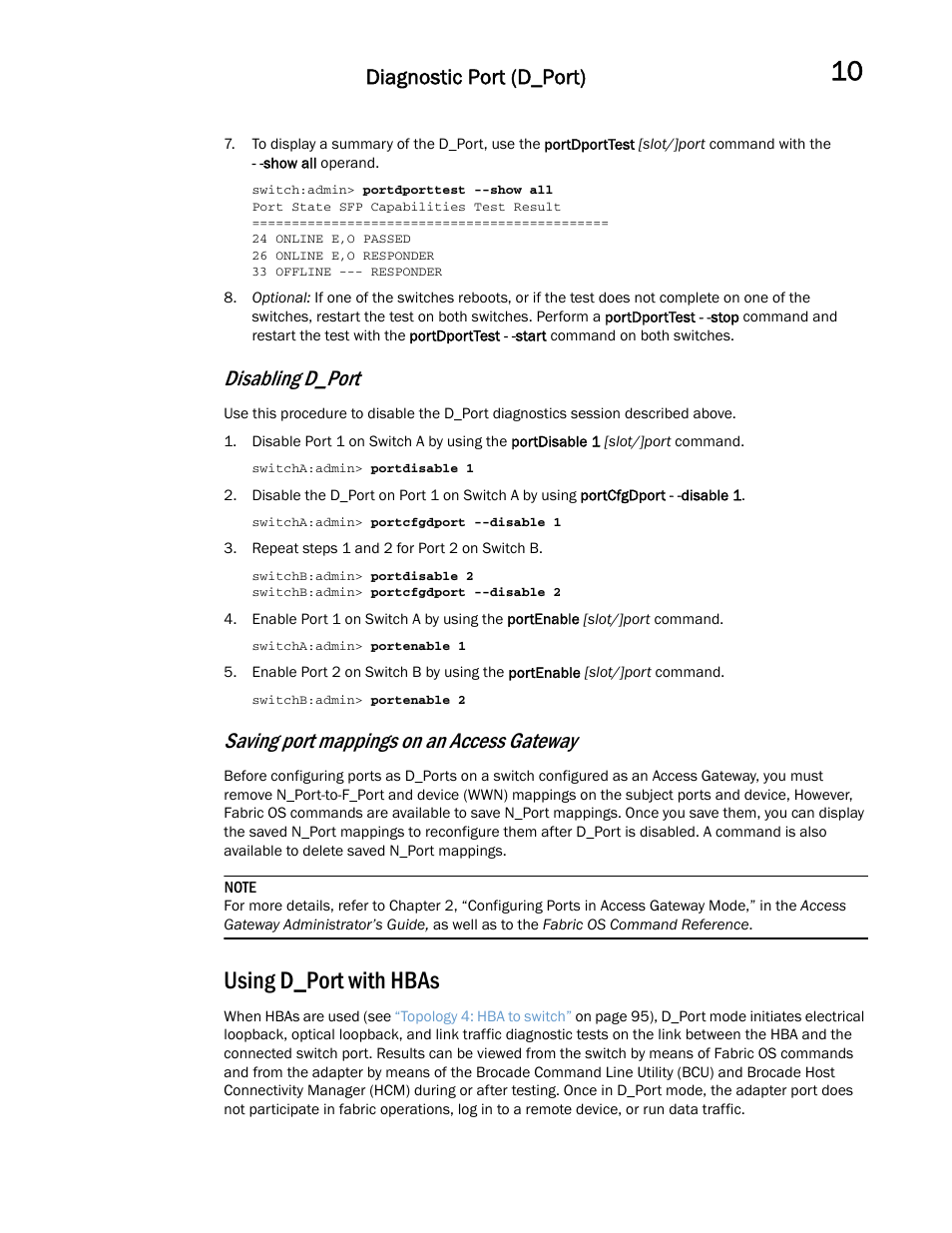 Using d_port with hbas, Saving port mappings on an access gateway, Disabling d_port | Diagnostic port (d_port) | Dell POWEREDGE M1000E User Manual | Page 113 / 146