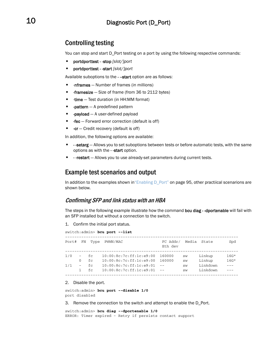 Controlling testing, Example test scenarios and output, Example test | Scenarios and output, Confirming sfp and link status with an hba, Diagnostic port (d_port) | Dell POWEREDGE M1000E User Manual | Page 116 / 146