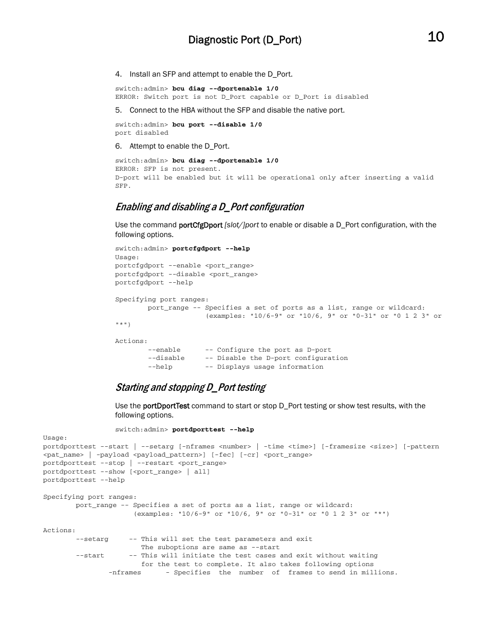 Enabling and disabling a d_port configuration, Starting and stopping d_port testing, Diagnostic port (d_port) | Dell POWEREDGE M1000E User Manual | Page 117 / 146