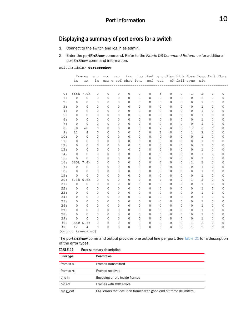 Displaying a summary of port errors for a switch, Port information | Dell POWEREDGE M1000E User Manual | Page 123 / 146