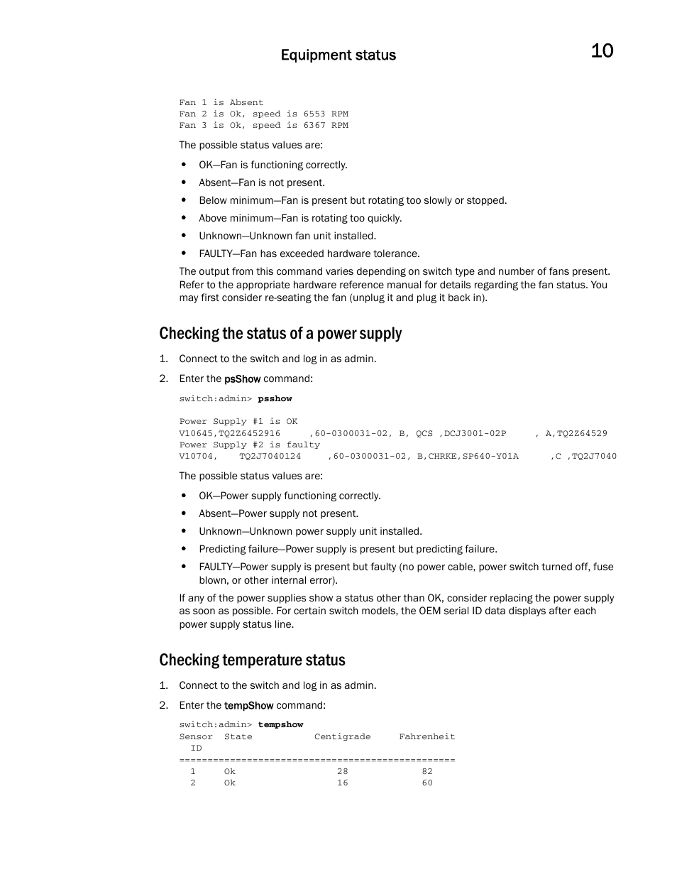 Checking the status of a power supply, Checking temperature status, Equipment status | Dell POWEREDGE M1000E User Manual | Page 125 / 146