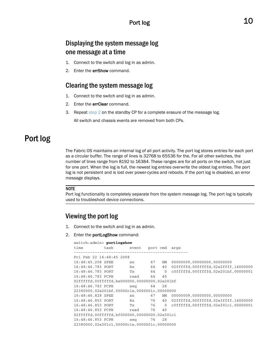 Clearing the system message log, Port log, Viewing the port log | Dell POWEREDGE M1000E User Manual | Page 127 / 146