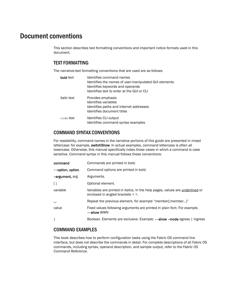 Document conventions, Text formatting, Command syntax conventions | Command examples | Dell POWEREDGE M1000E User Manual | Page 13 / 146