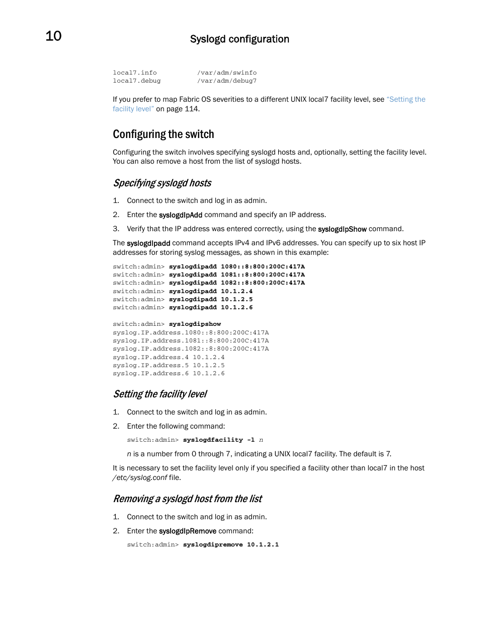 Configuring the switch, Specifying syslogd hosts, Setting the facility level | Removing a syslogd host from the list, Syslogd configuration | Dell POWEREDGE M1000E User Manual | Page 130 / 146