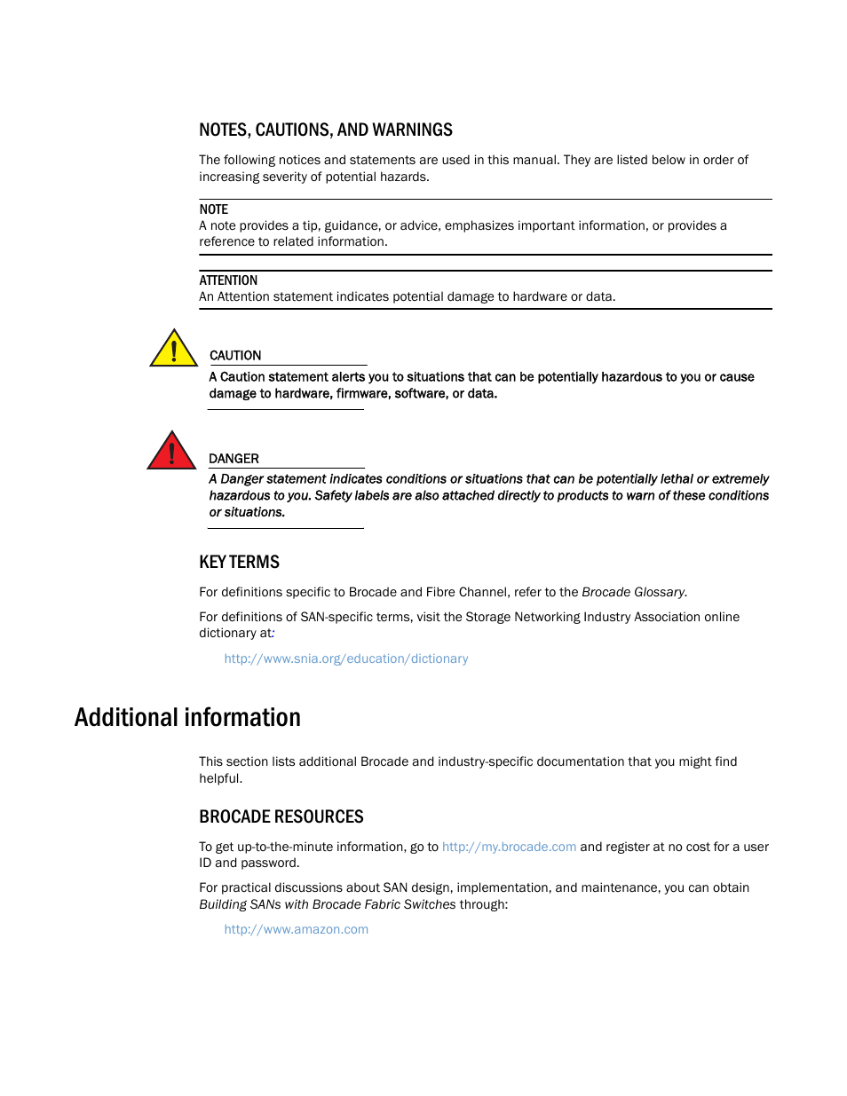 Notes, cautions, and warnings, Key terms, Additional information | Brocade resources | Dell POWEREDGE M1000E User Manual | Page 14 / 146