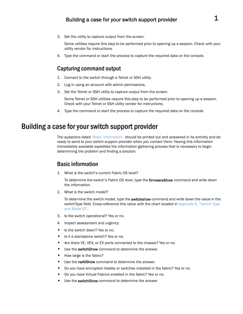 Capturing command output, Building a case for your switch support provider, Basic information | Dell POWEREDGE M1000E User Manual | Page 23 / 146