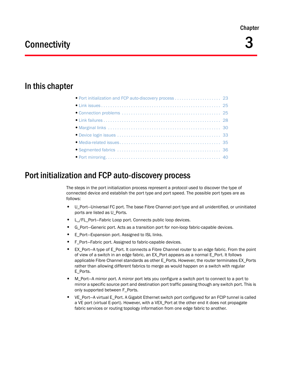 Connectivity, Port initialization and fcp auto-discovery process, Chapter 3 | Chapter 3, “connectivity | Dell POWEREDGE M1000E User Manual | Page 39 / 146