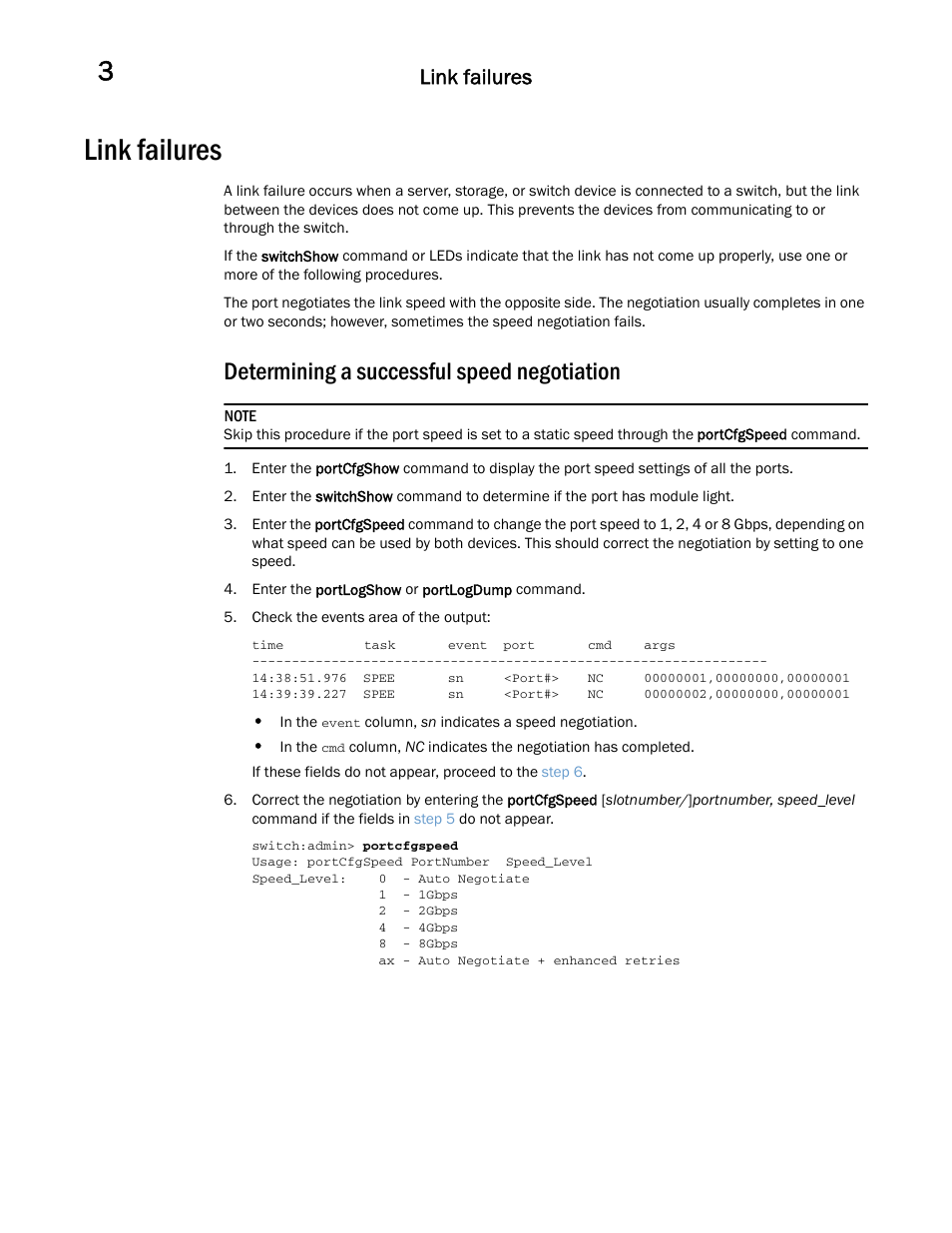 Link failures, Determining a successful speed negotiation | Dell POWEREDGE M1000E User Manual | Page 44 / 146