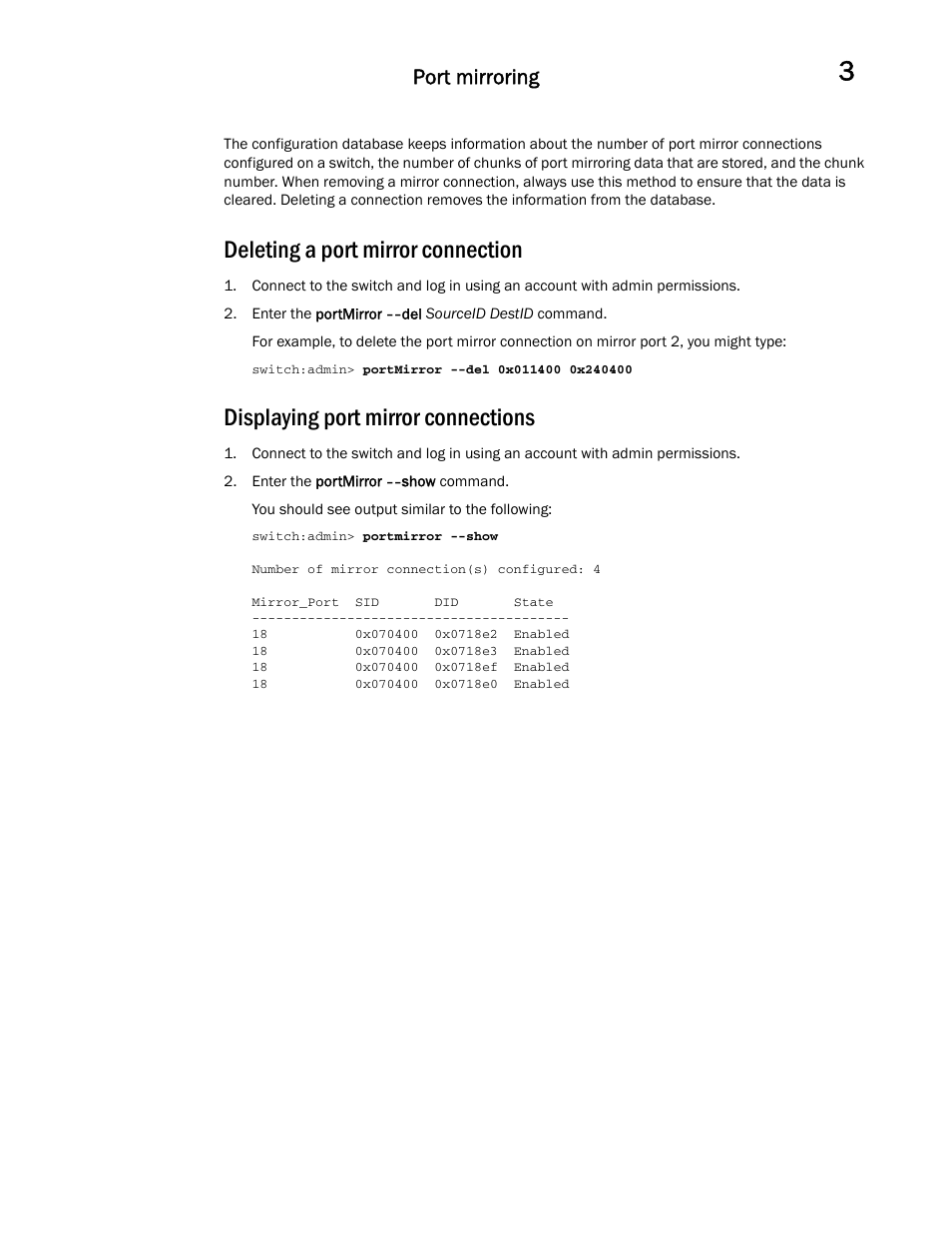 Deleting a port mirror connection, Displaying port mirror connections, Port mirroring | Dell POWEREDGE M1000E User Manual | Page 59 / 146