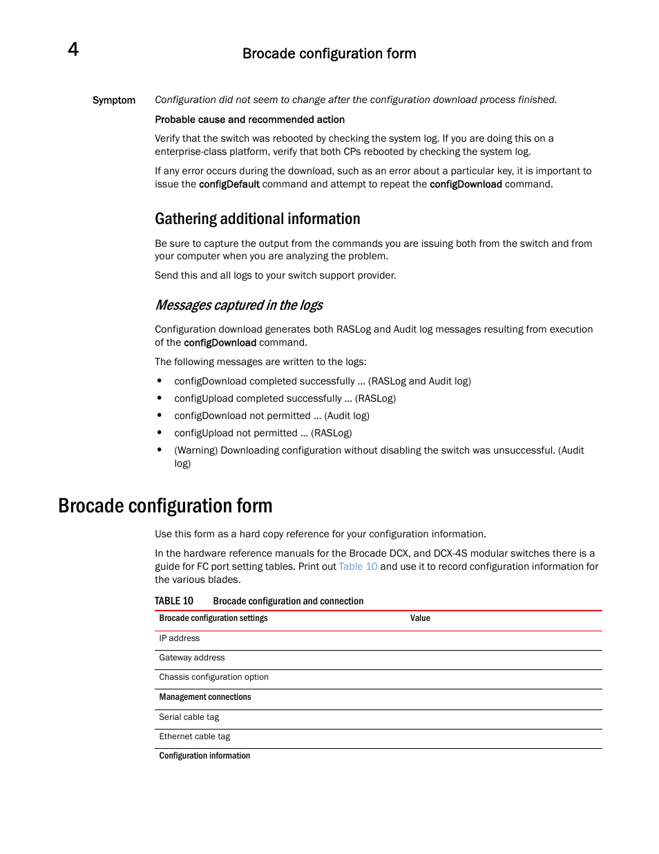 Gathering additional information, Brocade configuration form, Messages captured in the logs | Dell POWEREDGE M1000E User Manual | Page 64 / 146