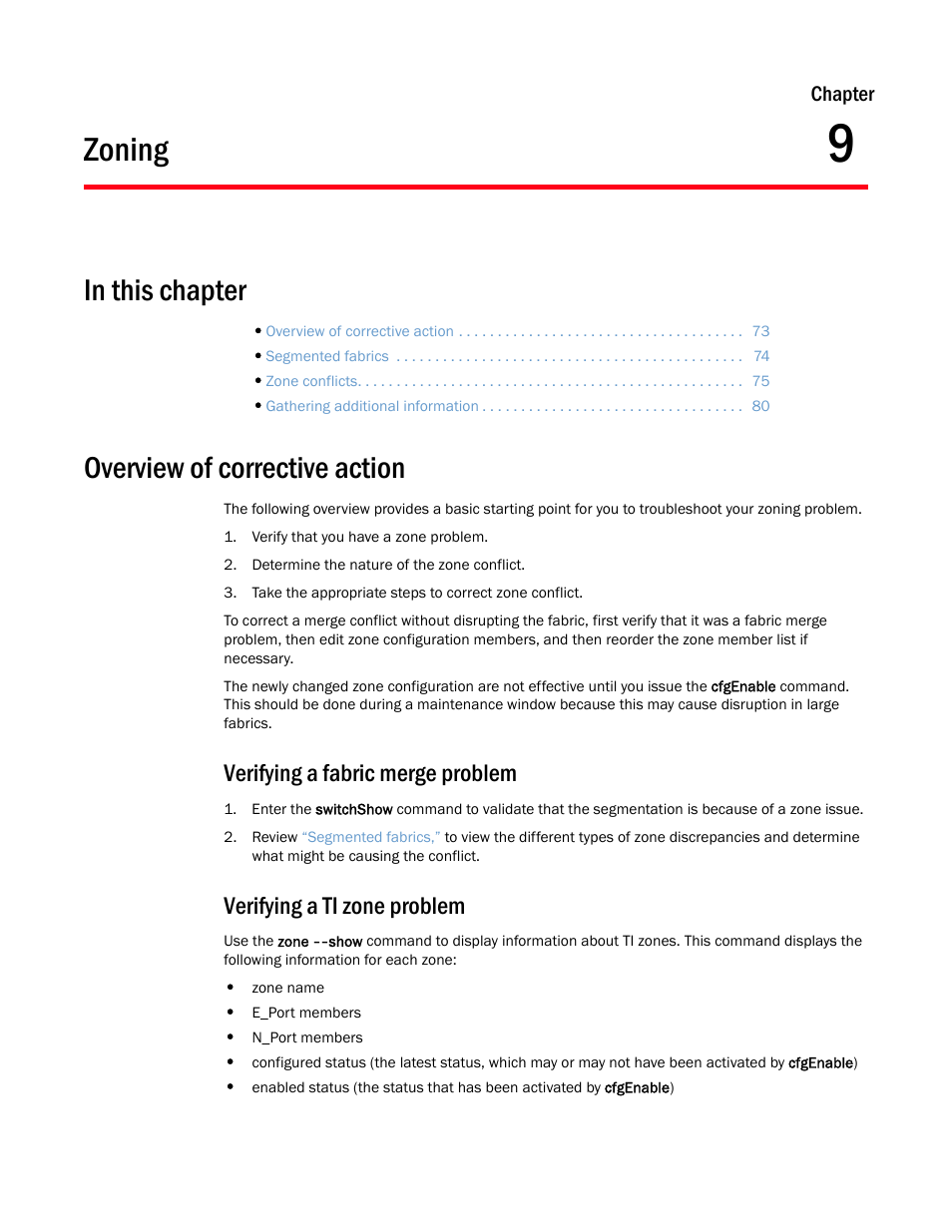 Zoning, Overview of corrective action, Verifying a fabric merge problem | Verifying a ti zone problem, Chapter 9, Chapter 9, “zoning | Dell POWEREDGE M1000E User Manual | Page 89 / 146