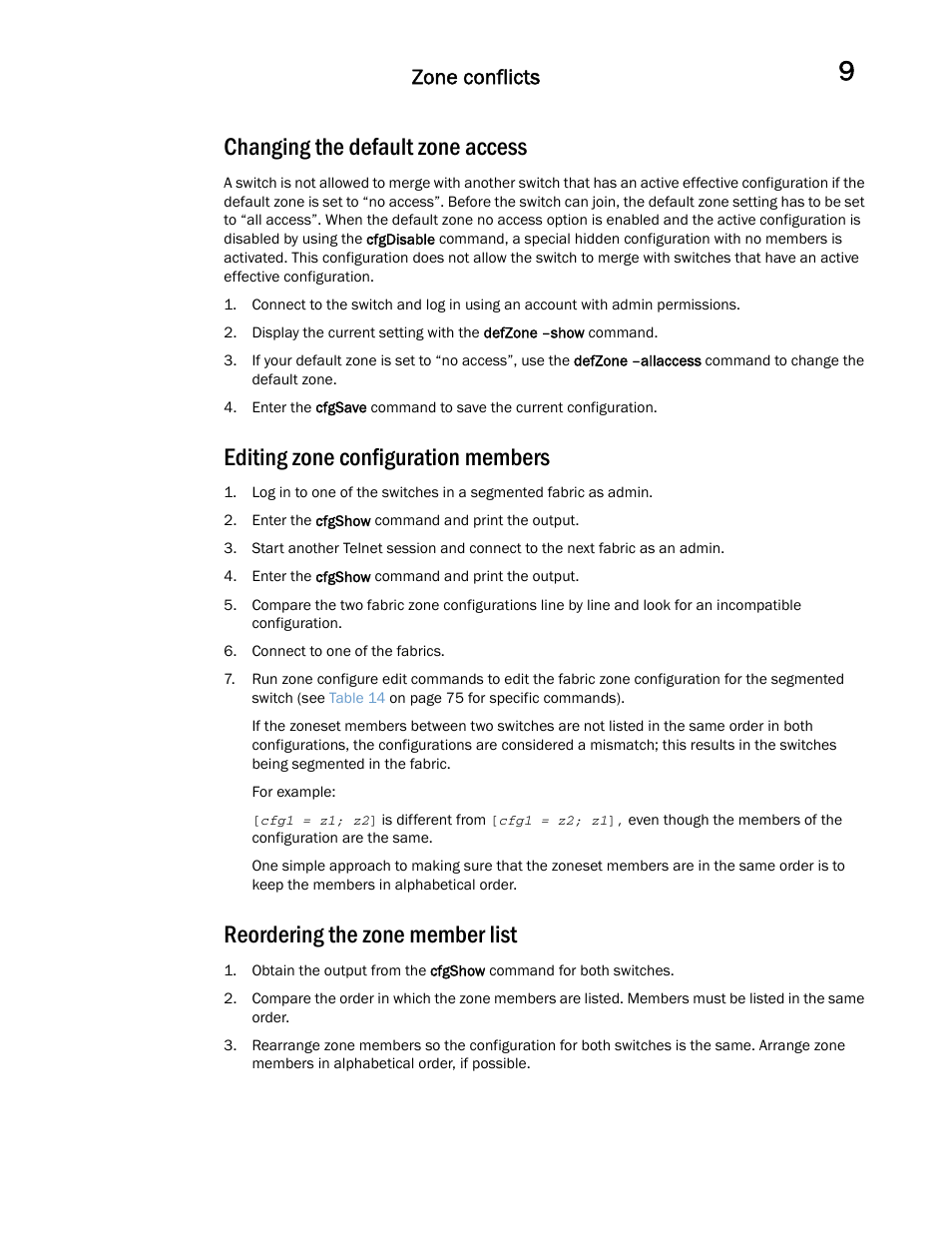 Changing the default zone access, Editing zone configuration members, Reordering the zone member list | Zone conflicts | Dell POWEREDGE M1000E User Manual | Page 93 / 146