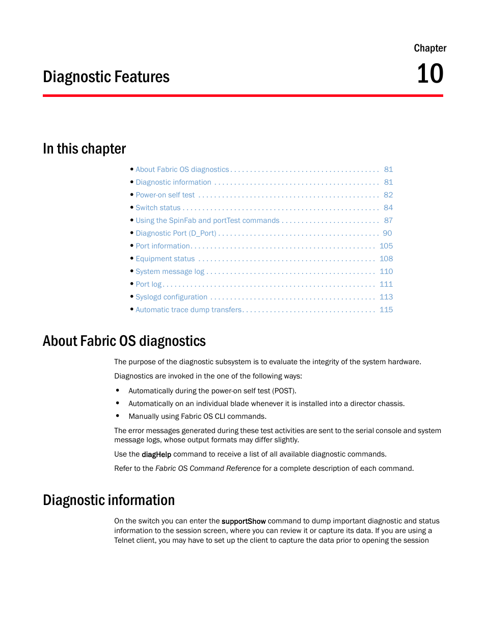 Diagnostic features, About fabric os diagnostics, Diagnostic information | Chapter 10, Chapter 10, “diagnostic features | Dell POWEREDGE M1000E User Manual | Page 97 / 146