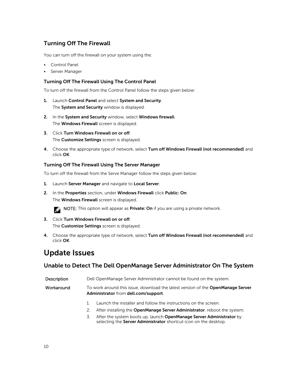 Turning off the firewall, Update issues | Dell PowerVault NX3300 User Manual | Page 10 / 12