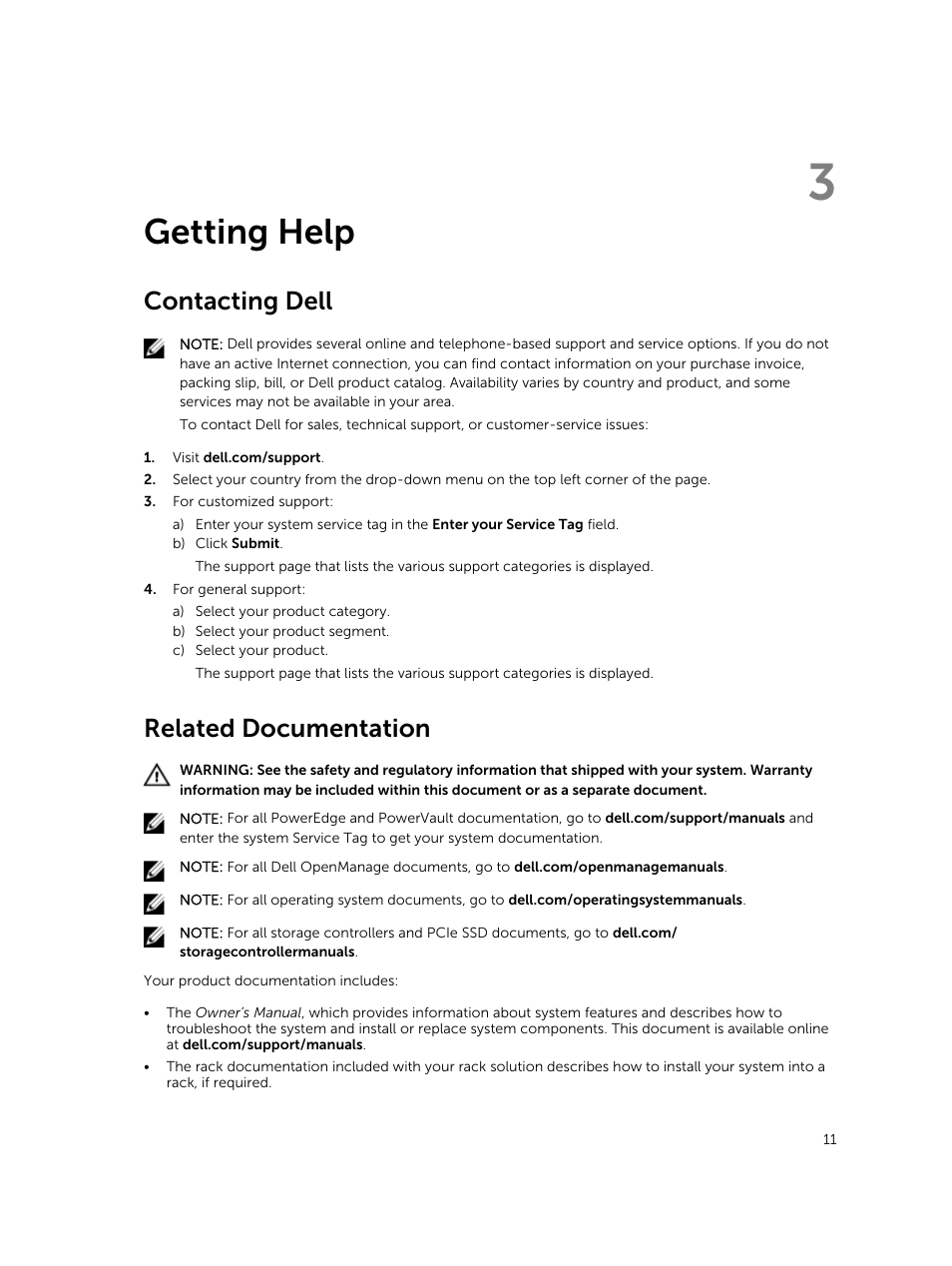 Getting help, Contacting dell, Related documentation | 3 getting help | Dell PowerVault NX3300 User Manual | Page 11 / 12