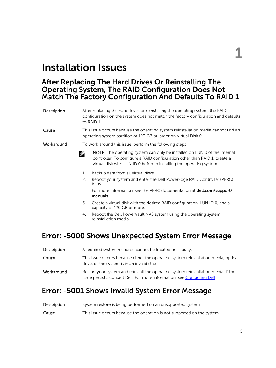 Installation issues, Error: -5000 shows unexpected system error message, Error: -5001 shows invalid system error message | 1 installation issues | Dell PowerVault NX3300 User Manual | Page 5 / 12