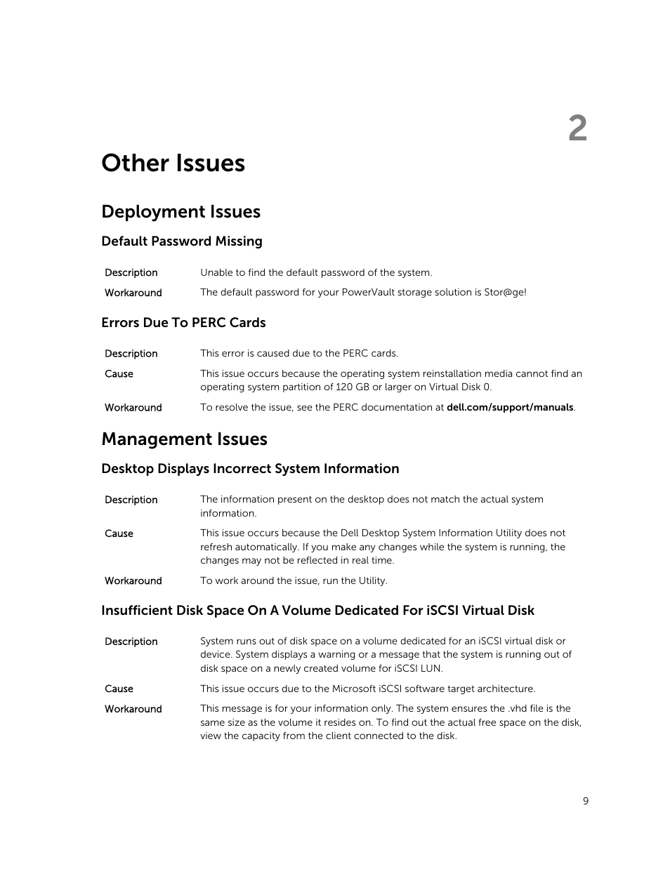 Other issues, Deployment issues, Default password missing | Errors due to perc cards, Management issues, Desktop displays incorrect system information, 2 other issues | Dell PowerVault NX3300 User Manual | Page 9 / 12