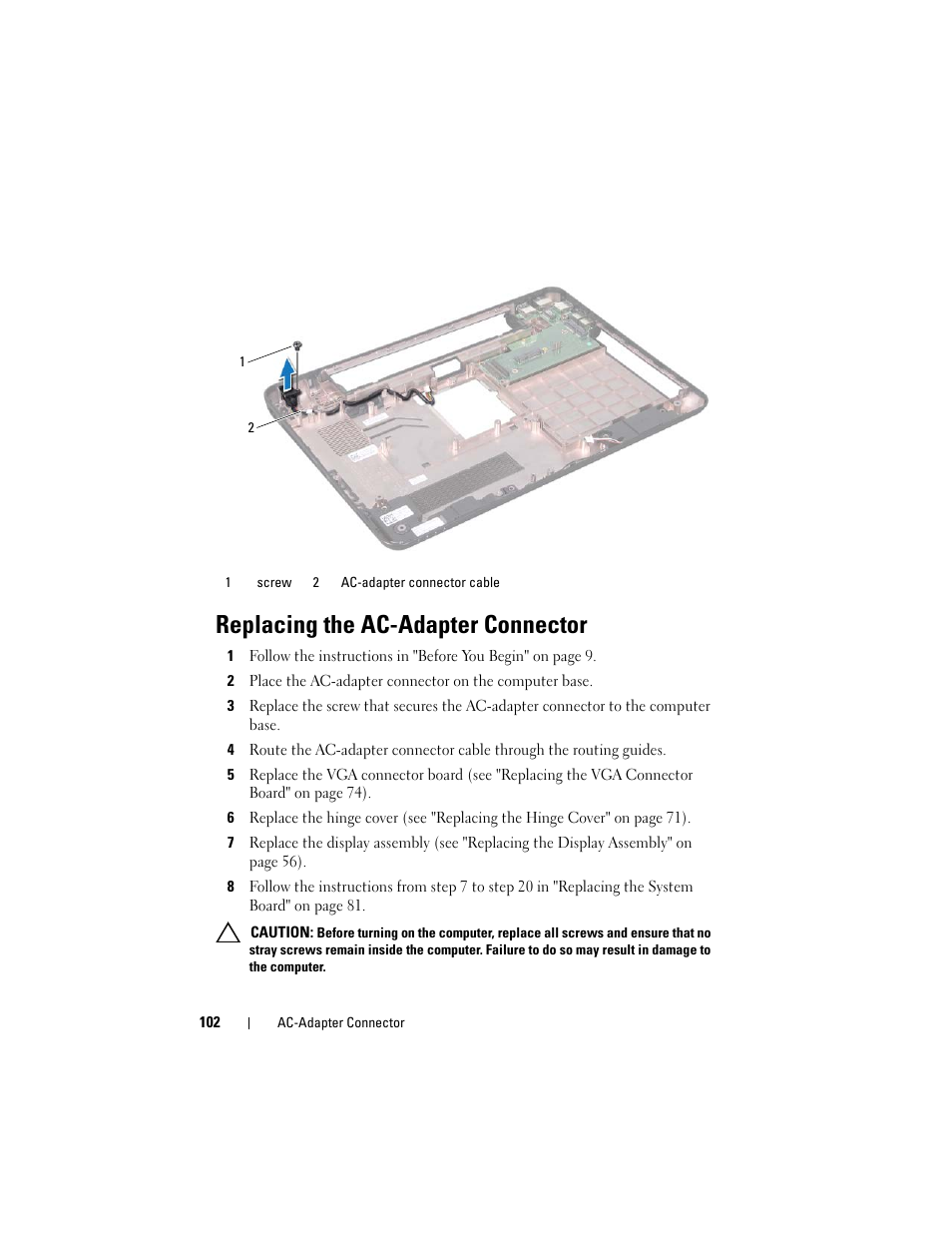 Replacing the ac-adapter connector | Dell Inspiron 14 (N4120, Early 2011) User Manual | Page 102 / 106