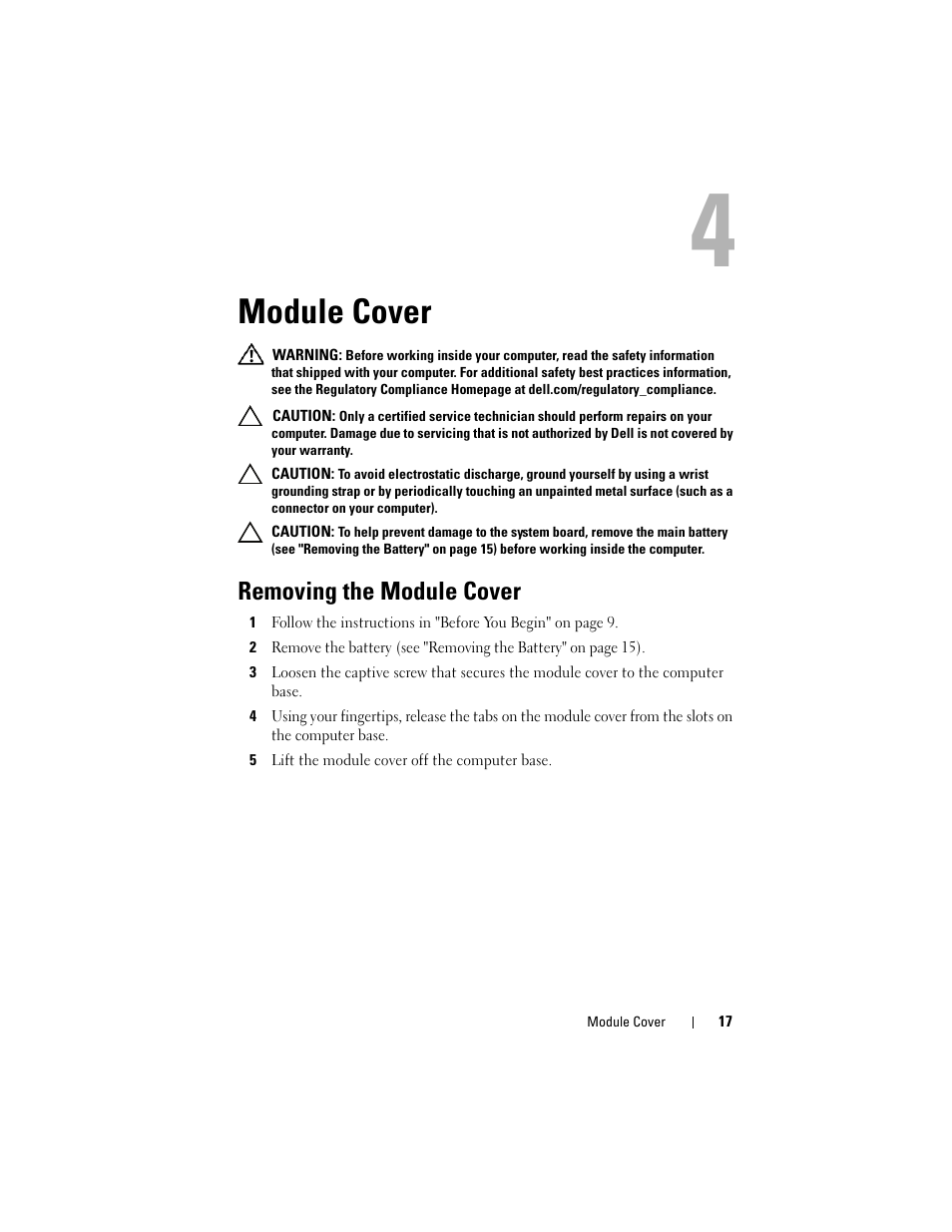 Module cover, Removing the module cover | Dell Inspiron 14 (N4120, Early 2011) User Manual | Page 17 / 106