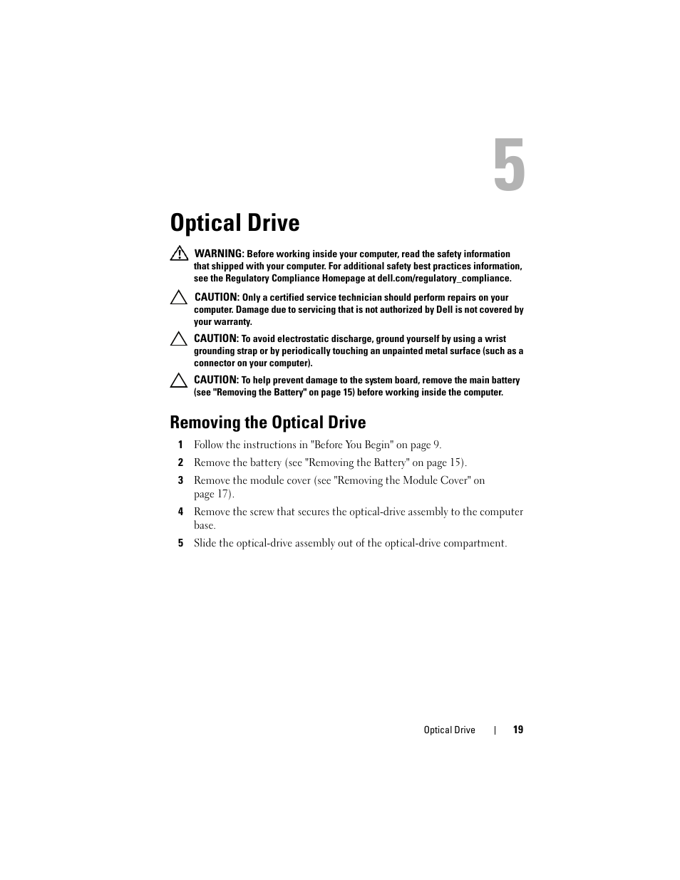 Optical drive, Removing the optical drive | Dell Inspiron 14 (N4120, Early 2011) User Manual | Page 19 / 106