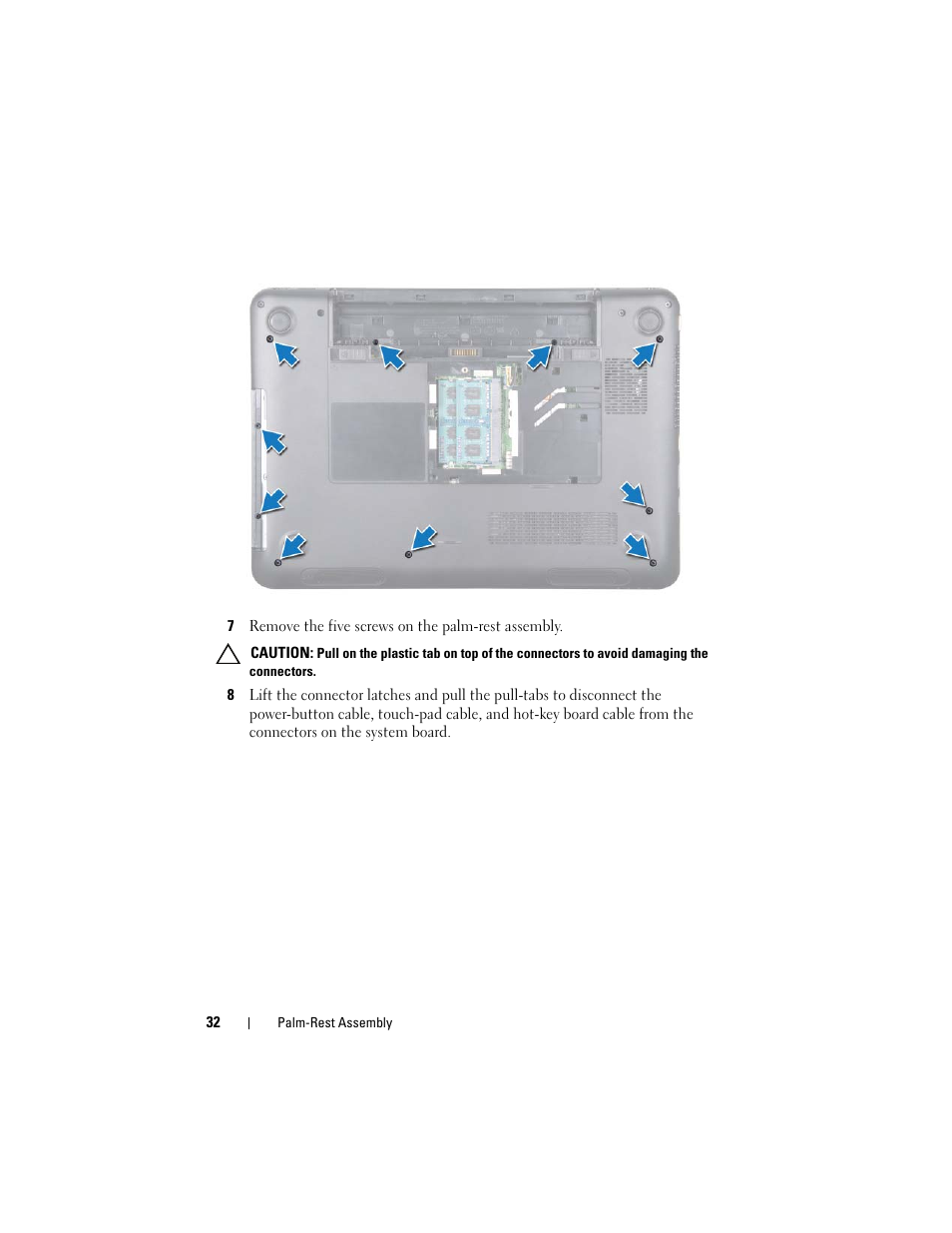 7 remove the five screws on the palm-rest assembly | Dell Inspiron 14 (N4120, Early 2011) User Manual | Page 32 / 106