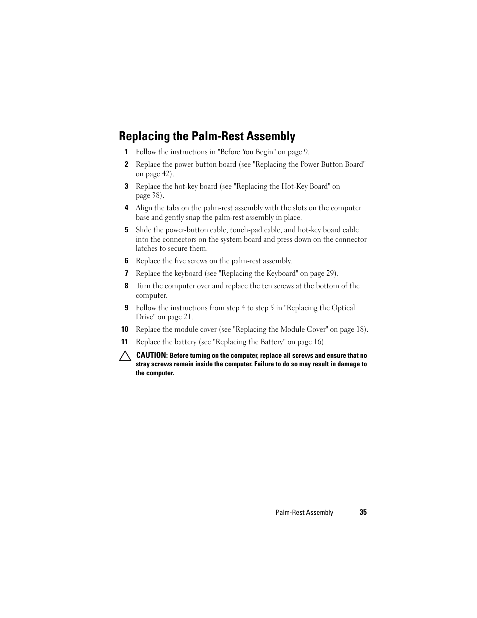 Replacing the palm-rest assembly | Dell Inspiron 14 (N4120, Early 2011) User Manual | Page 35 / 106