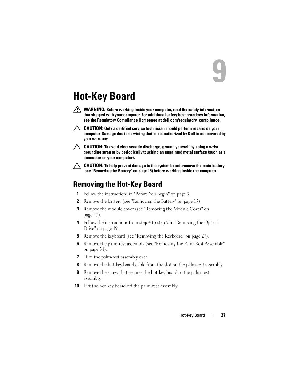 Hot-key board, Removing the hot-key board, D (see "removing the hot-key board" on | Dell Inspiron 14 (N4120, Early 2011) User Manual | Page 37 / 106