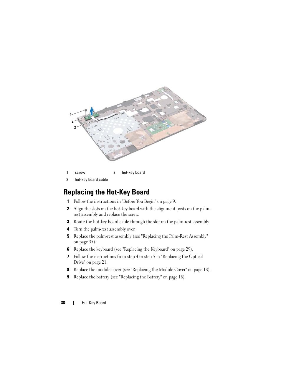 Replacing the hot-key board, D (see "replacing the hot-key board" on | Dell Inspiron 14 (N4120, Early 2011) User Manual | Page 38 / 106