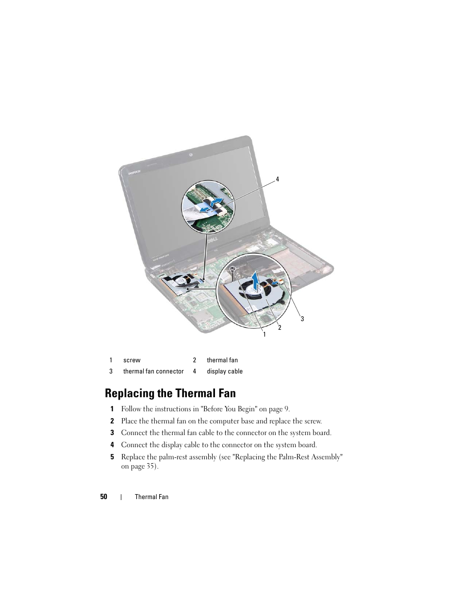 Replacing the thermal fan | Dell Inspiron 14 (N4120, Early 2011) User Manual | Page 50 / 106