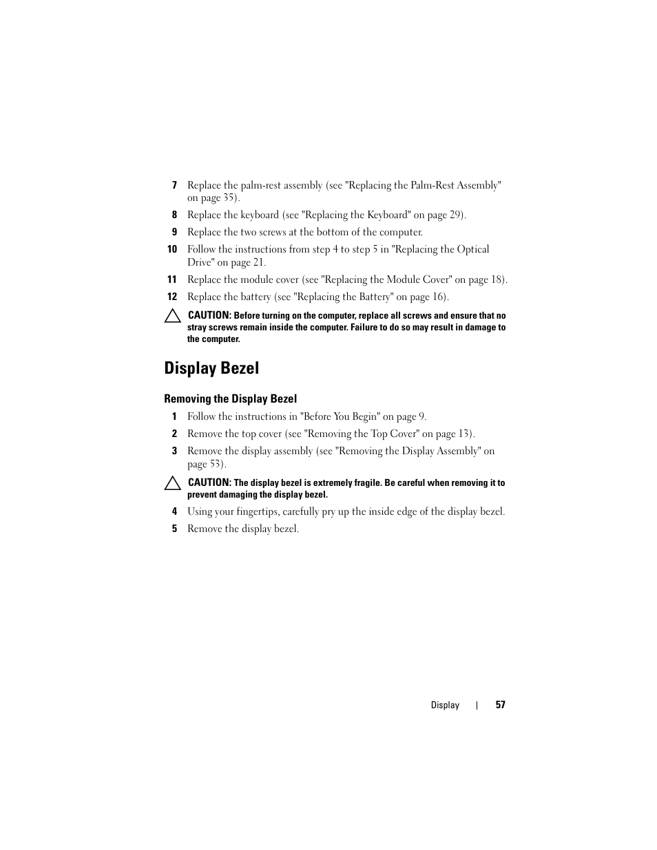 Display bezel, Removing the display bezel, 5 remove the display bezel | Dell Inspiron 14 (N4120, Early 2011) User Manual | Page 57 / 106