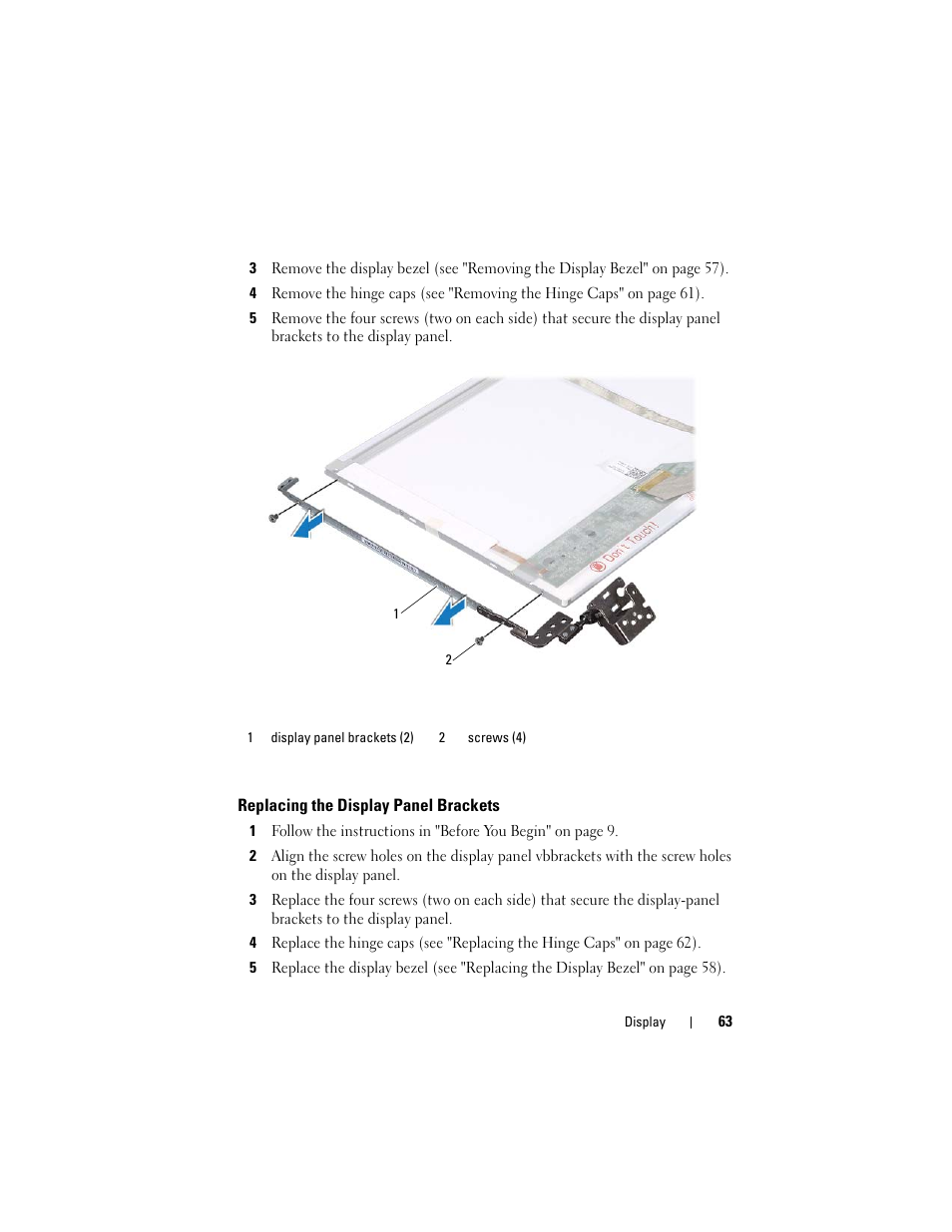 Replacing the display panel brackets, Replacing the display brackets | Dell Inspiron 14 (N4120, Early 2011) User Manual | Page 63 / 106