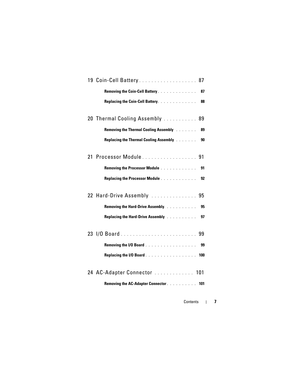 19 coin-cell battery, 20 thermal cooling assembly, 21 processor module | 22 hard-drive assembly, 23 i/o board, 24 ac-adapter connector | Dell Inspiron 14 (N4120, Early 2011) User Manual | Page 7 / 106