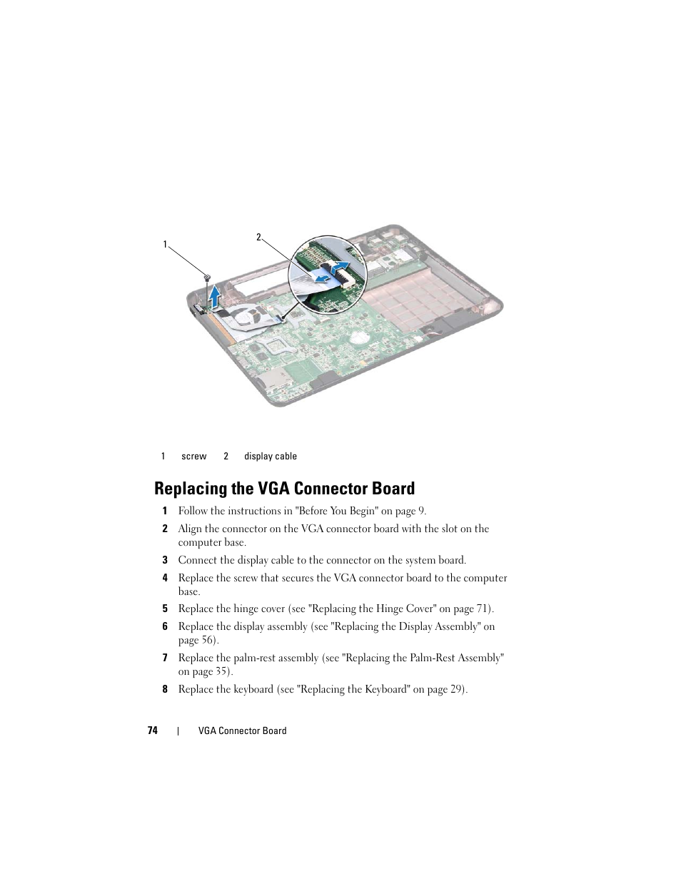 Replacing the vga connector board | Dell Inspiron 14 (N4120, Early 2011) User Manual | Page 74 / 106