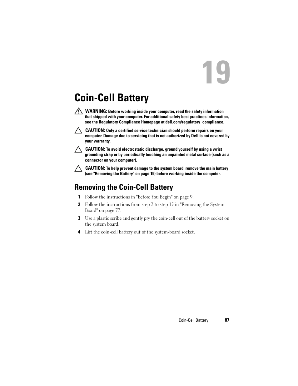 Coin-cell battery, Removing the coin-cell battery, Removing the coin-cell battery" on | Dell Inspiron 14 (N4120, Early 2011) User Manual | Page 87 / 106