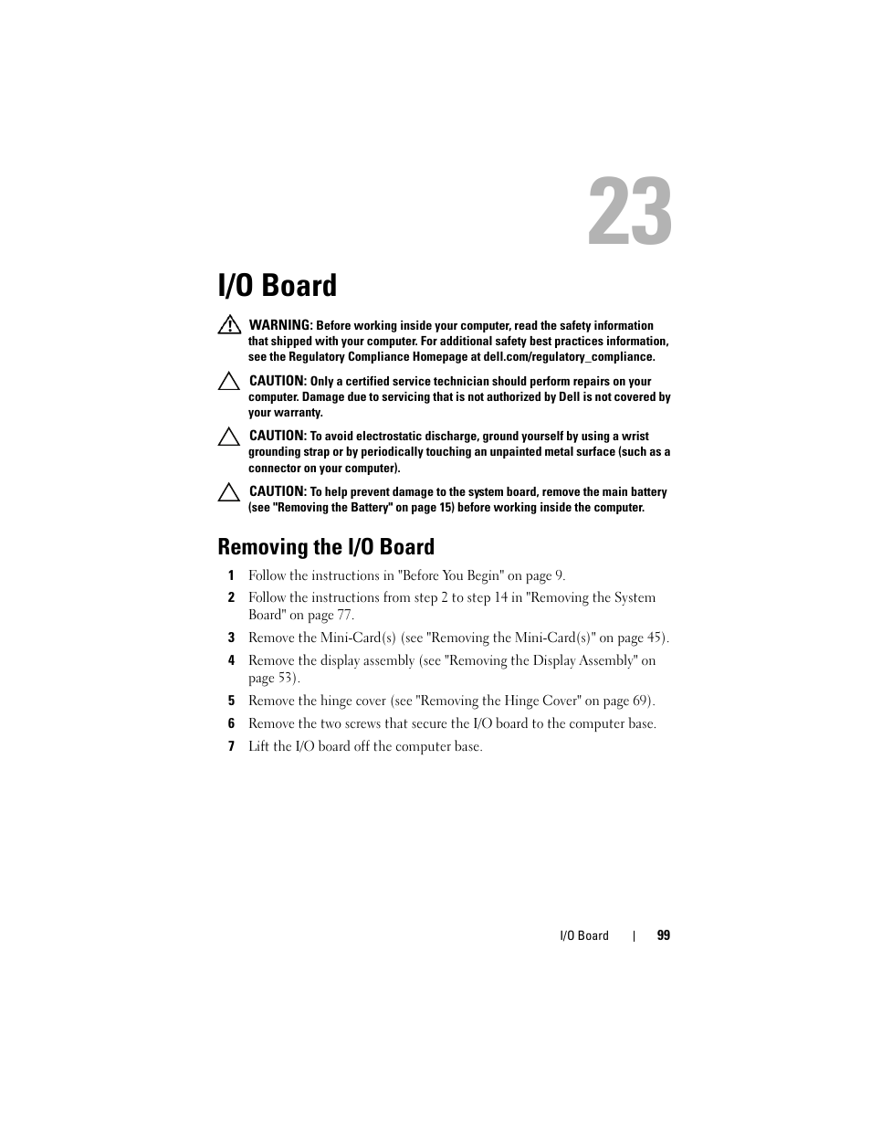 I/o board, Removing the i/o board | Dell Inspiron 14 (N4120, Early 2011) User Manual | Page 99 / 106
