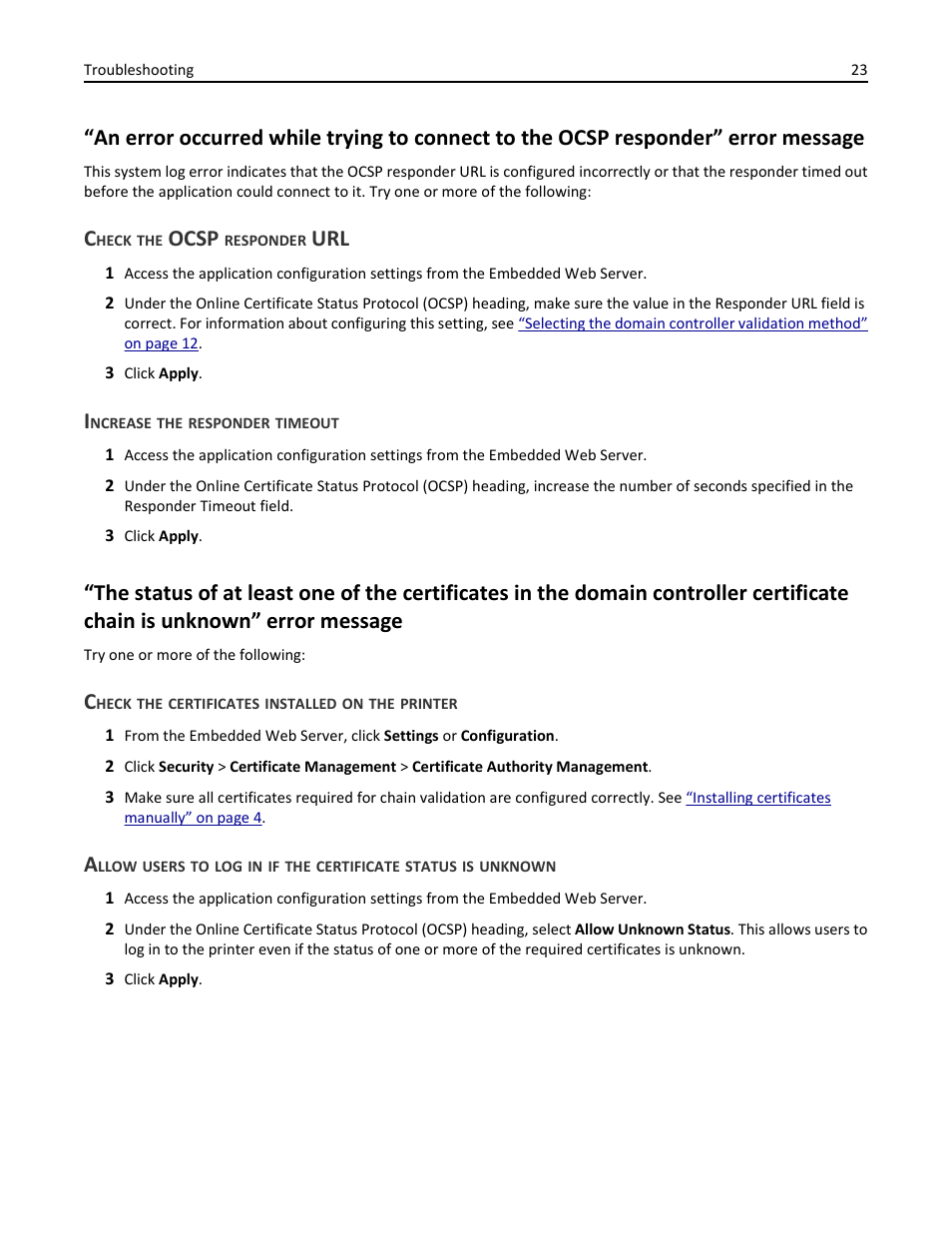 Check the ocsp responder url, Increase the responder timeout, Check the certificates installed on the printer | Ocsp | Dell B3465dnf Mono Laser Multifunction Printer User Manual | Page 23 / 35