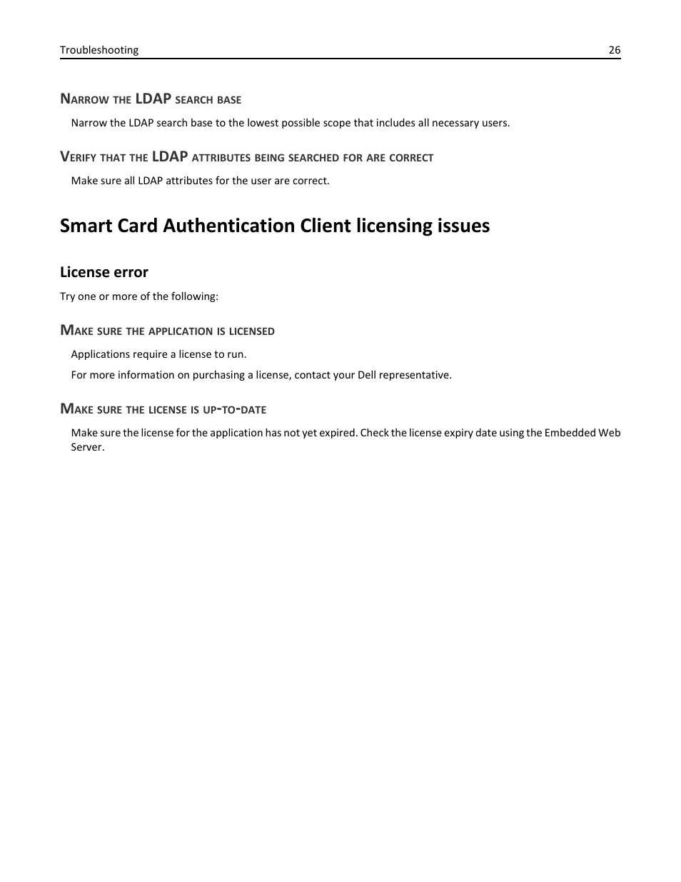 Narrow the ldap search base, Smart card authentication client licensing issues, License error | Make sure the application is licensed, Make sure the license is up-to-date, Ldap | Dell B3465dnf Mono Laser Multifunction Printer User Manual | Page 26 / 35