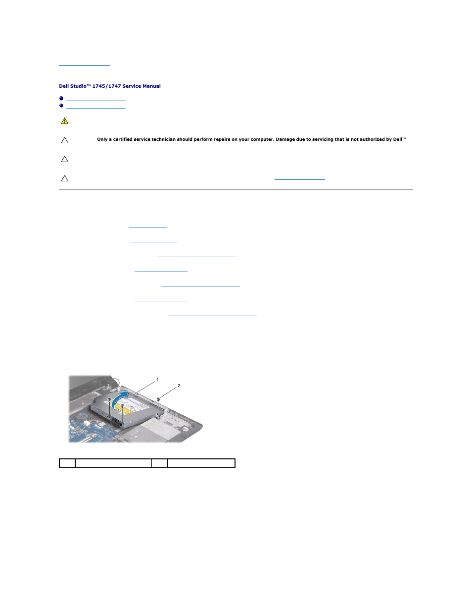 Optical drive, Removing the optical drive | Dell Studio 1747 (Late 2009) User Manual | Page 42 / 61
