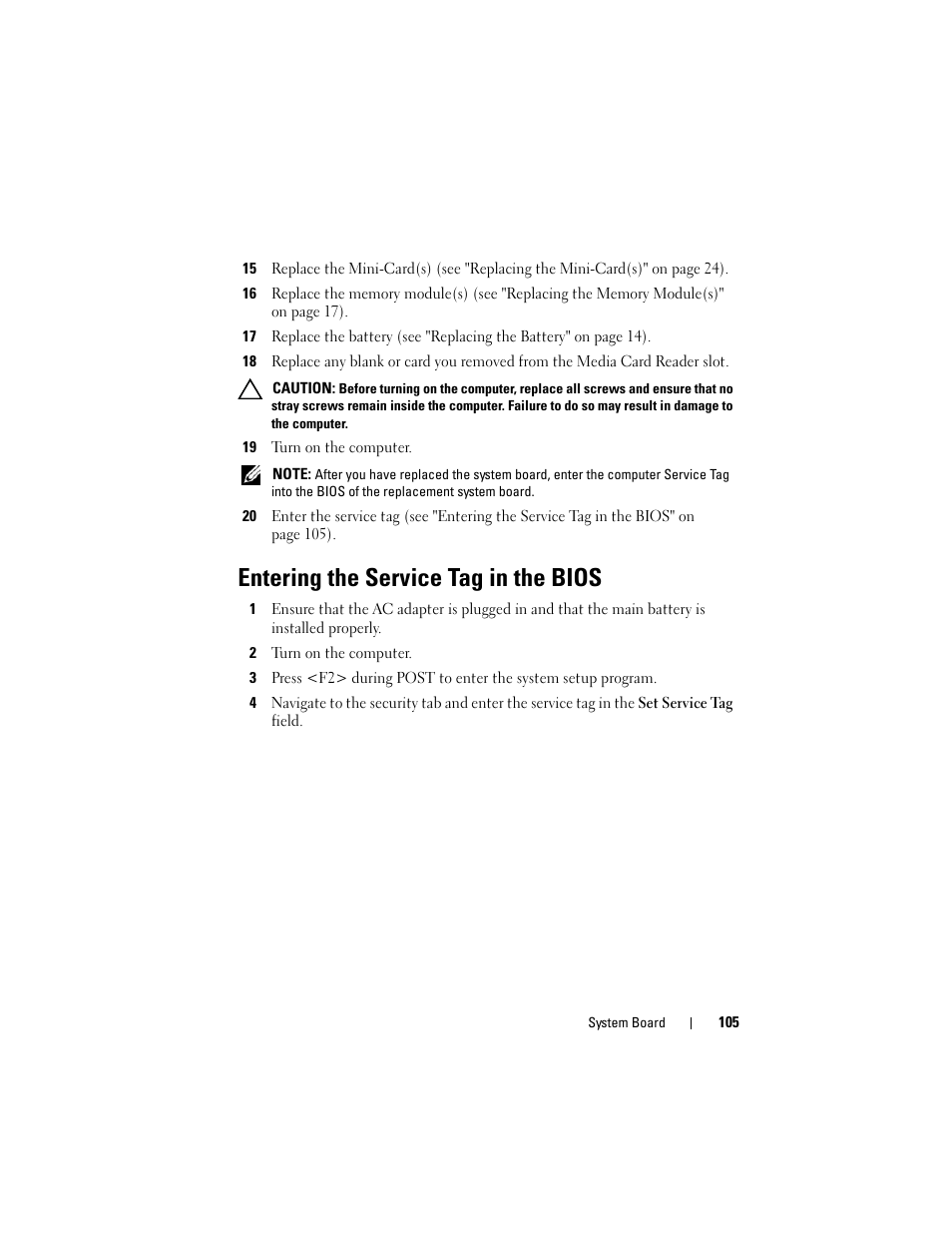 19 turn on the computer, Entering the service tag in the bios, 2 turn on the computer | Dell XPS 14 (L401X, Late 2010) User Manual | Page 105 / 108